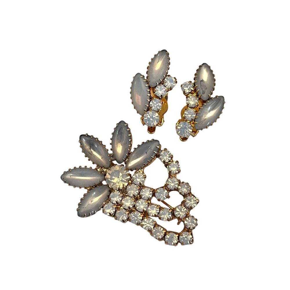 Vintage 1960s Opalescent Navette Rhinestone Brooch Earring Set Gold Tone - 5Q